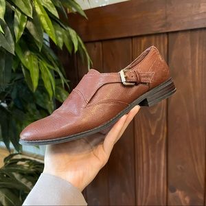 Nine West Leather Cognac Chestnut Brown Buckle Almond Toe Slip On Loafers